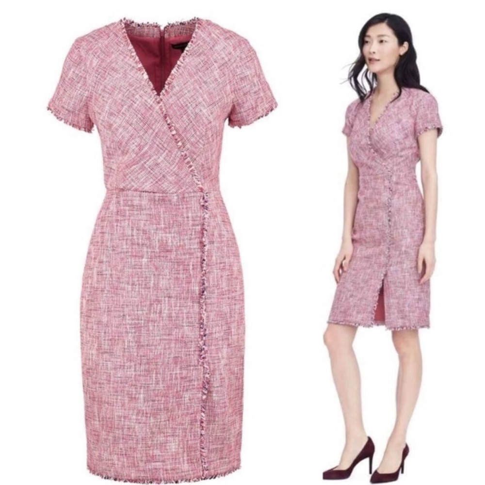 Banana Republic Mad Men Fringe Tweed Drape Weap Front Dress Peitite Size 10 BR